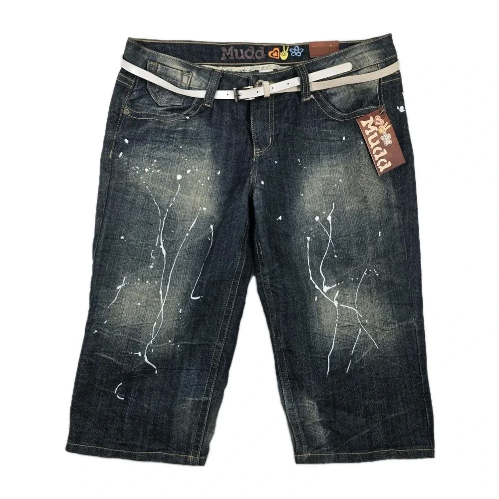 Mudd Girls Size 13 Dark Wash Paint Splatter Capri Bermuda Denim Jeans with Belt
